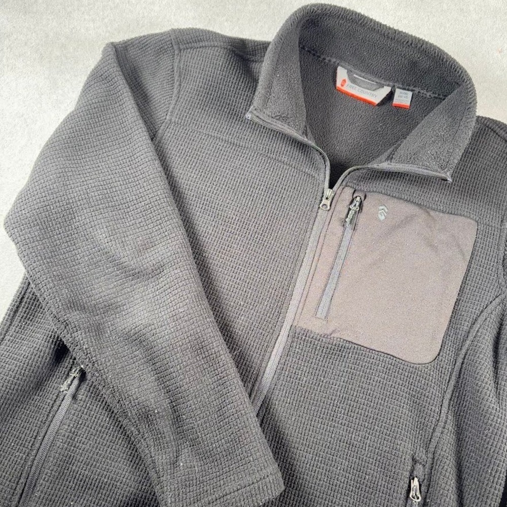 Free Country Fleece Jacket Mens XL Black Waffle Knit Full Zip Mock Neck Pockets